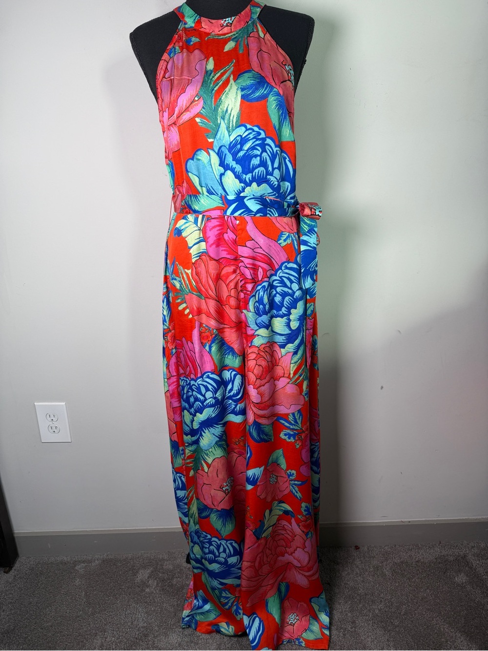 FARM Rio Anthropologie Wide Leg Halter Jumpsuit Red Multicolor Floral Boho Sz S